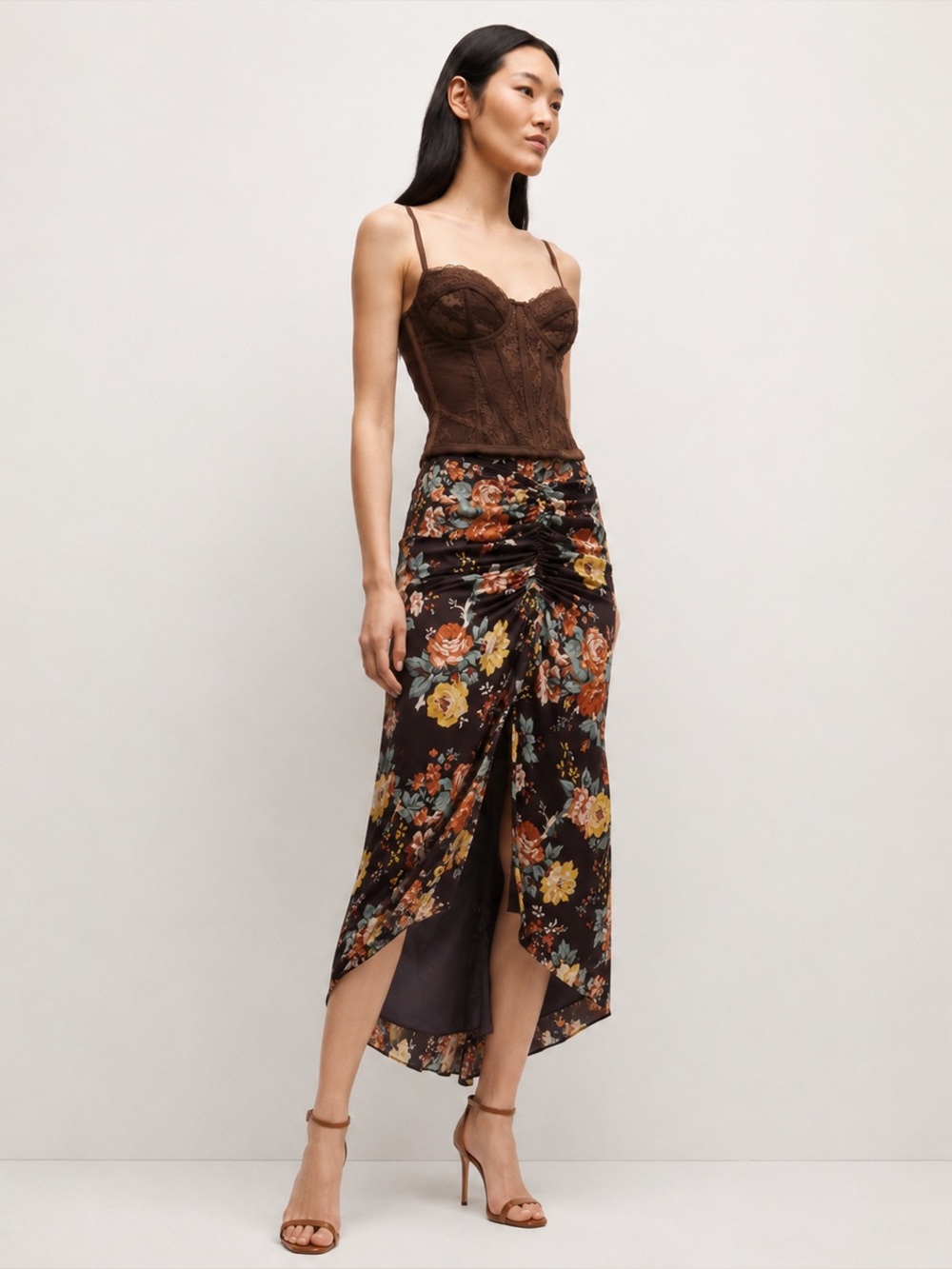 Veronica Beard Silk Floral Ruched High Low Midi Skirt 0 Designer Romantic